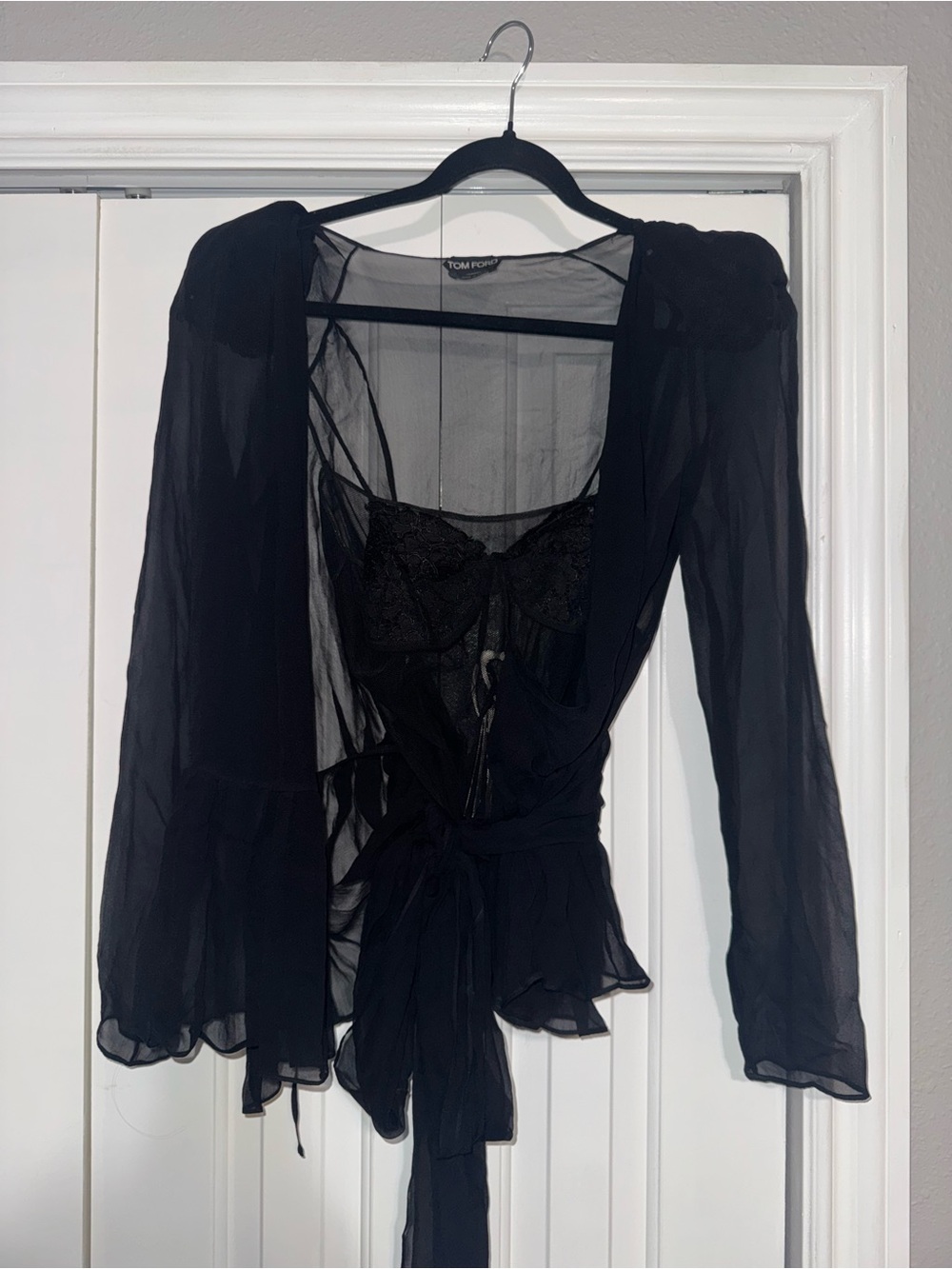 Tom Ford Black Sheer Wrap Top and Lace-Trim Camisole